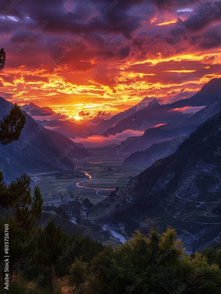 Epic sunrise in the Himalayas: A breathtaking display of nature's beauty in Shangri La.