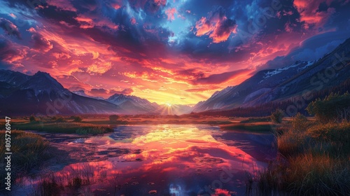 Divine radiance in Shangri La: A magical sunrise painting the sky with vibrant colors.