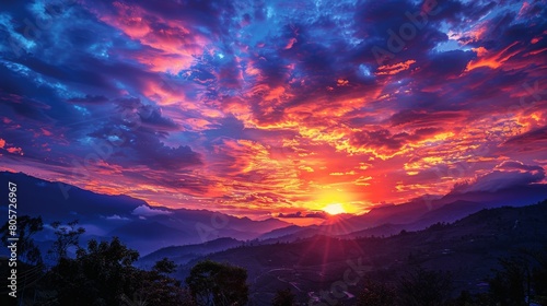 Divine radiance in Shangri La: A magical sunrise painting the sky with vibrant colors. photo