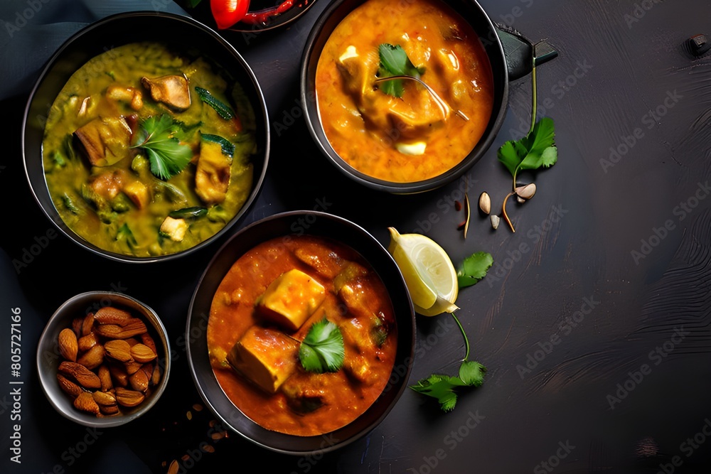Assorted various Indian food on a dark rustic background. Traditional Indian dishes Chicken tikka masala, palak paneer, saffron rice, lentil soup, pita bread and spices. Square photo.Top view Assorted various Indian food on a dark rustic background. Traditional Indian dishes Chicken tikka masala, palak paneer, saffron rice, lentil soup, pita bread and spices. Square photo.Top view