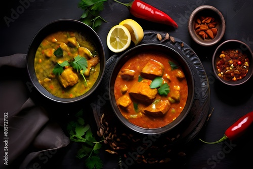 Assorted various Indian food on a dark rustic background. Traditional Indian dishes Chicken tikka masala, palak paneer, saffron rice, lentil soup, pita bread and spices. Square photo.Top view