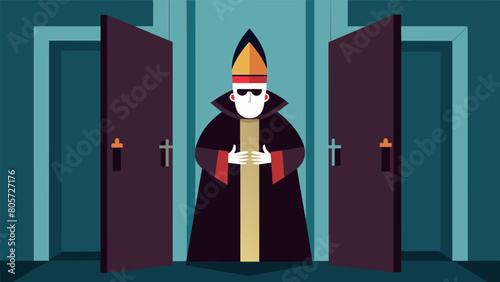 The bishop hidden behind closed doors represents backroom deals and secretive alliances used to gain power..