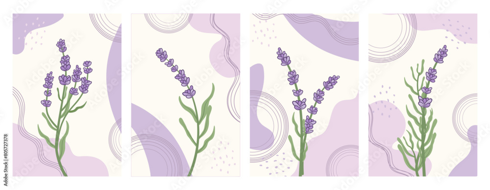 Set of trendy botanical wall art with lavender. Concept template for greeting cards, banner, social media design, invitations, covers, wall art. 