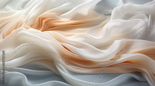 Contemporary Fluttering White Color Silk Fabric in Space With Delicate Folds on Bokeh Background
