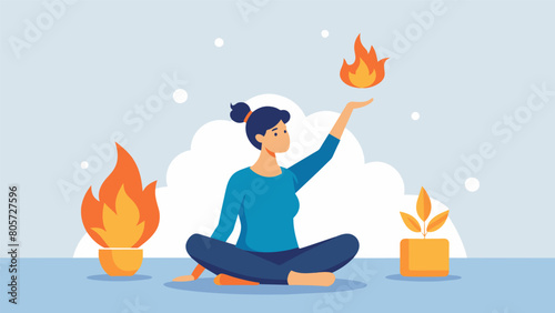 A person sitting crosslegged on the floor their body swaying back and forth as they reach towards the fire and then up towards the ceiling.. Vector illustration