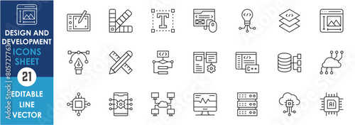 Design and Development related icons set. Linear icon sheet with graphic designing and web development icons.