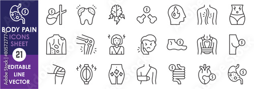 A set of linear icons representing body pain. Toothache, stroke, spine, stomachache, and so on. Outline icons sheet.