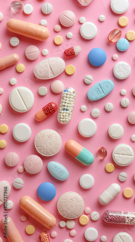 A colorful assortment of pills scattered across a pink background