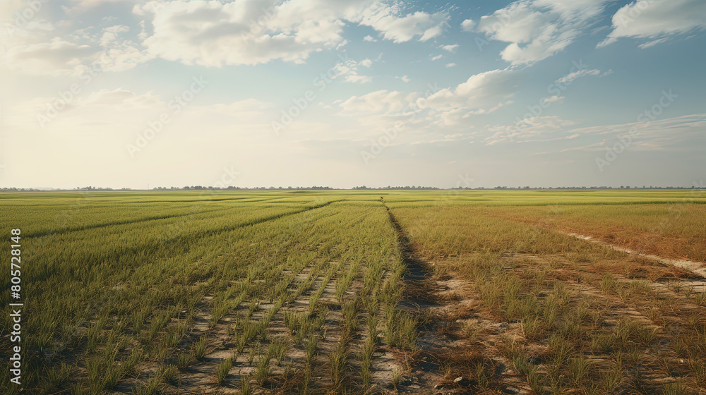 Fototapeta premium A Barren Rice Field Devoid of Vitality On The Arid Land On Blurry Background