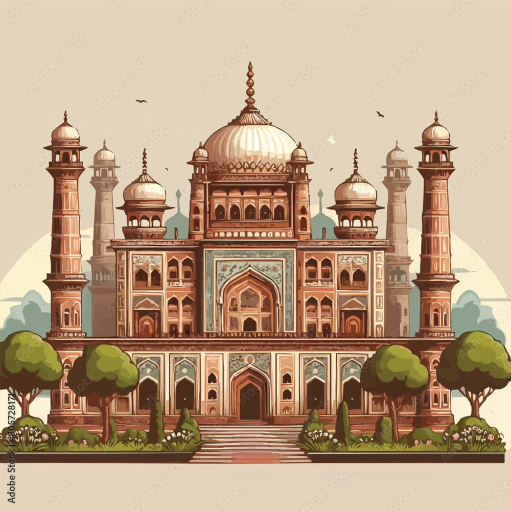 Free vector Traditional Indian Mughal palace, architecture, arch, dome, trees, flower vase, botanical plant landscape illustration vector