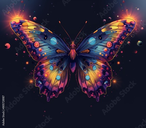 Brightly colored butterfly illustration on a dark background. © Elle Arden 