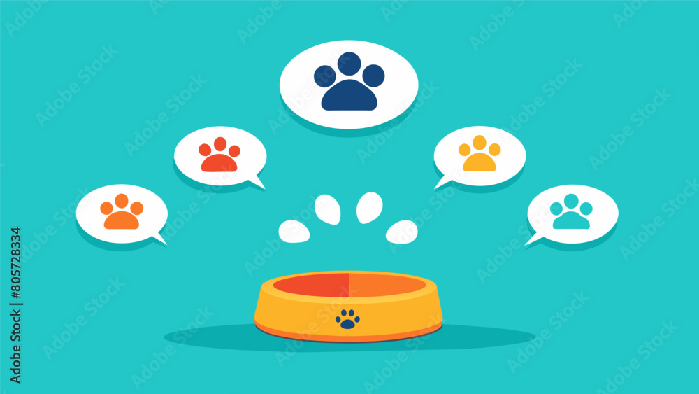 A series of paw prints leading to a food bowl with a reminder notification to a pet owner to make sure their fourlegged friend doesnt go hungry.. Vector illustration A series of paw prints leading to a food bowl with a reminder notification to a pet owner to make sure their fourlegged friend doesnt go hungry.. Vector illustration