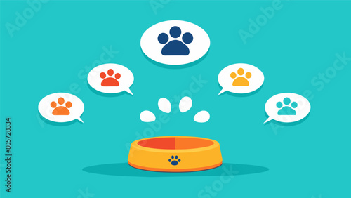 A series of paw prints leading to a food bowl with a reminder notification to a pet owner to make sure their fourlegged friend doesnt go hungry.. Vector illustration