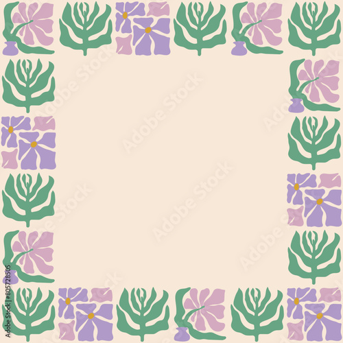 Colorful retro style square frame featuring lavender flowers. Vintage style hippie clipart element design collection. Hand drawn nature collage, summer blank template with flowers.