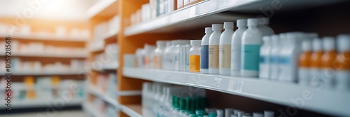 harmacy blurred light tone with store drugs shelves interior background, Concept of pharmacist, middle east or transcontinental region centered on western asia photo