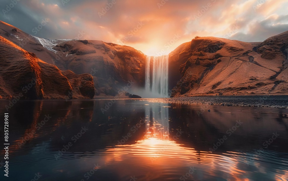 
Icelandic Landscape. Classic long exposure view of the famous Skogafoss waterfall with reflections. Dramatic view of Iceland at sunset. very impressive view