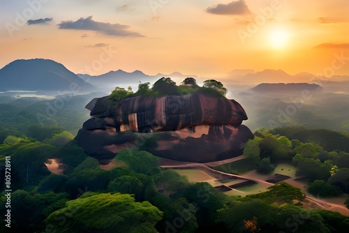 Panoramic view of the famous ancient stone fortress Sigiriya (Lion Rock) on the island of Sri Lanka, which is a UNESCO World Heritage Site. 