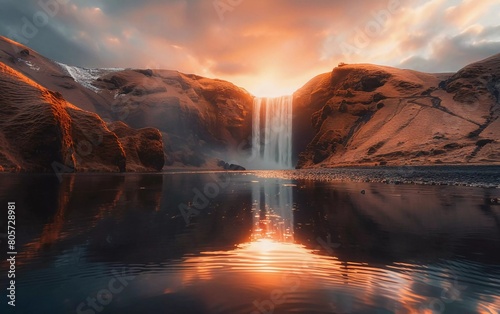
Icelandic Landscape. Classic long exposure view of the famous Skogafoss waterfall with reflections. Dramatic view of Iceland at sunset. very impressive view photo