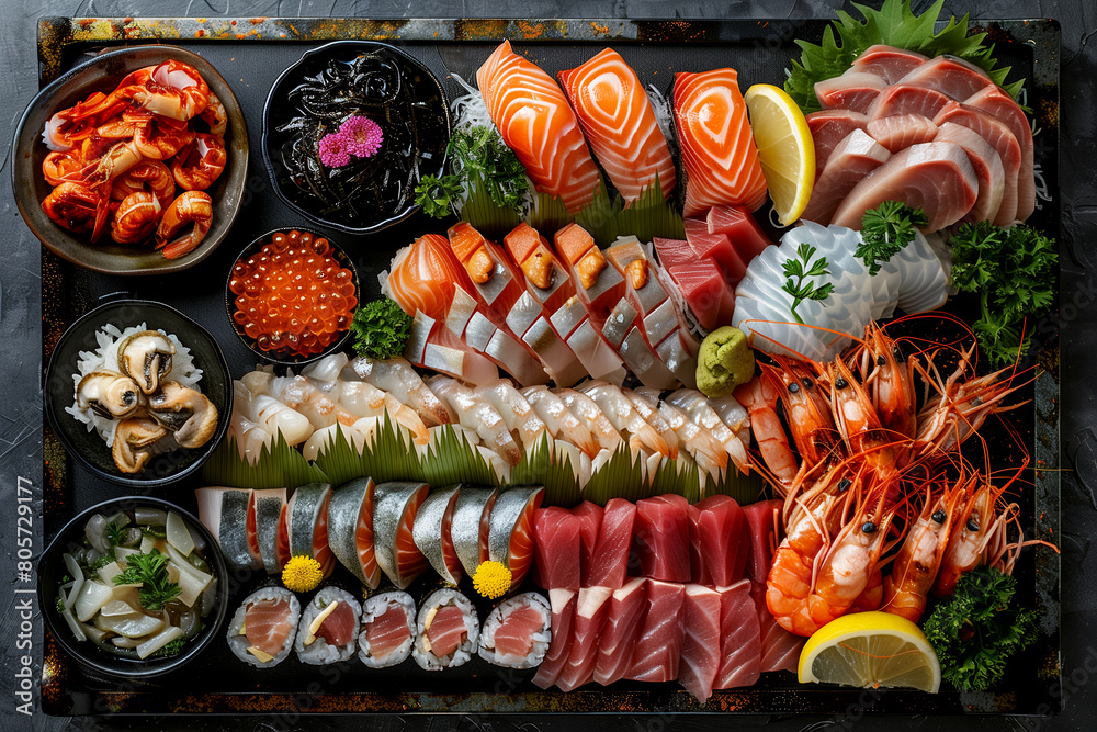 A tray of assorted sushi and other seafood is displayed on a table