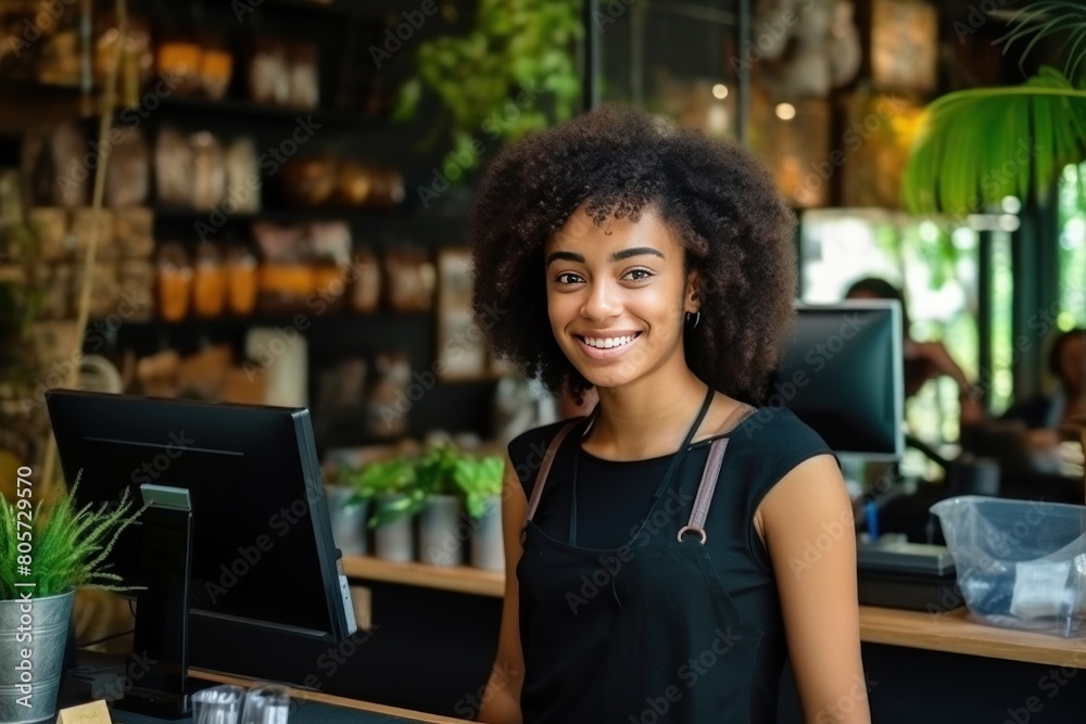 Salesman African American standing behind counter smiling with shelves of goods on background Salesman African American standing behind counter smiling with shelves of goods on background