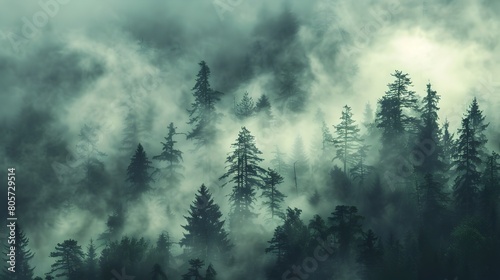 Dense Fog Engulfs Tranquil Solitude A Forest Silhouette in the Mist