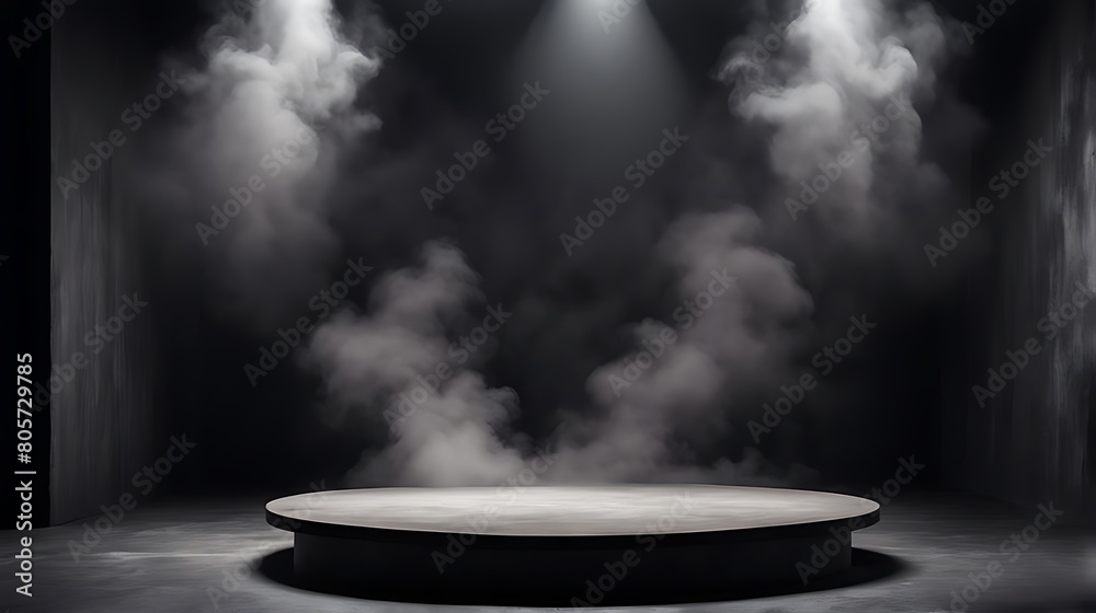  Podium black dark smoke background product platform abstract stage texture fog spotlight. Dark black floor podium dramatic empty night room table concrete wall scene place display studio smoky dust 