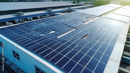 Solar panels installed on a roof of a large warehouse or industrial building.