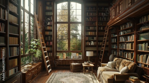 A cozy library with a large window, a comfortable couch, and a lush green plant. The perfect place to relax and read a book.