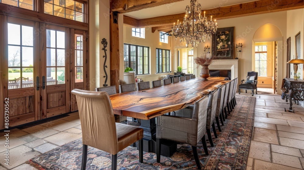 Large wooden table in a beautiful dining room with a fireplace and lots of windows.
