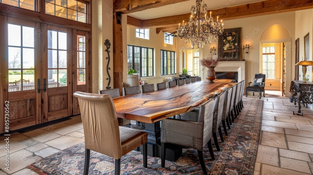 Large wooden table in a beautiful dining room with a fireplace and lots of windows. Large wooden table in a beautiful dining room with a fireplace and lots of windows.