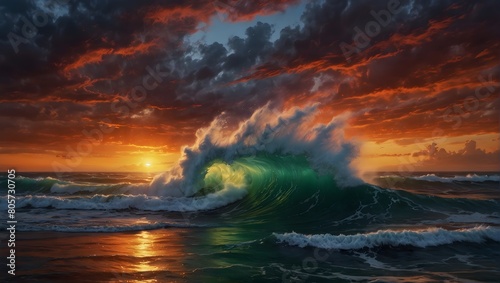 A dramatic stormy seascape with crashing waves and a fiery sunset painting the sky in vivid hues ai_generated