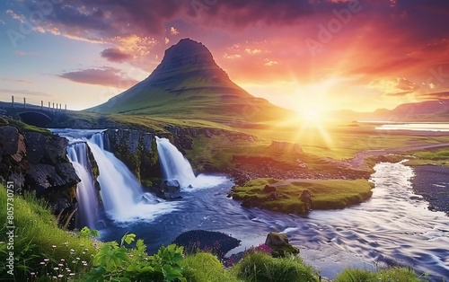 Iceland's incredible natural landscape. Beautiful and fantastic sunset over the Majestic Kirkjufell (Church mountain) and waterfall. The very beautiful Kirkjufell Mountain
