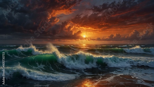 A dramatic stormy seascape with crashing waves and a fiery sunset painting the sky in vivid hues ai_generated © Haroon