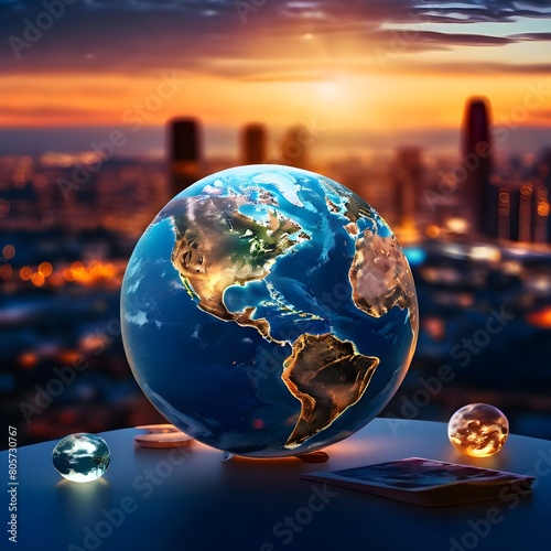 Planet earth on the background of blurred lights of the city. Concept on business  politics  ecology and media. Elements of this image furnished by