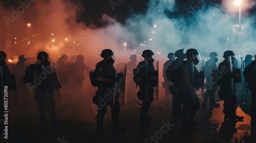 A line of police officers in riot gear facing off against a crowd of protesters, tear gas and smoke filling the air © yuchen