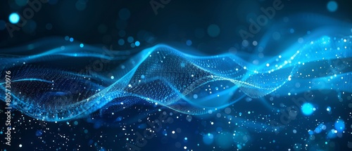 Abstract blue digital background with glowing dots and wavy lines, representing the flow of data in technology or internet innovation