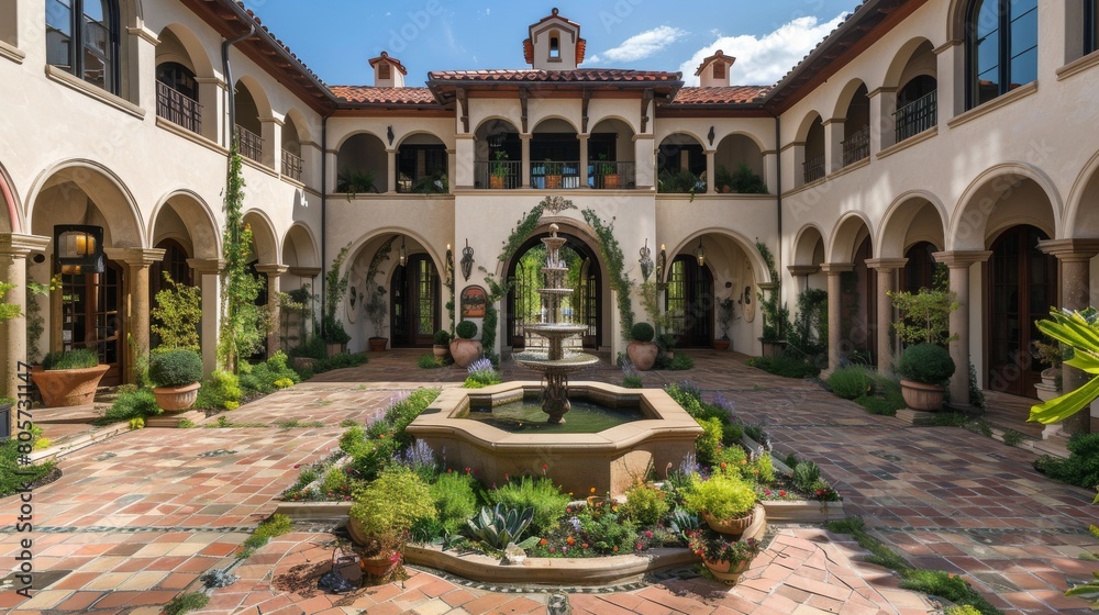 Obraz premium The image shows a beautiful courtyard with a fountain in the middle. The courtyard is surrounded by a walkway with arches and columns.