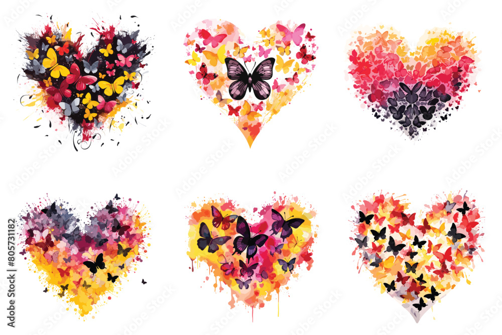 Watercolor love shape by butterfly illustration vector artwork on white background