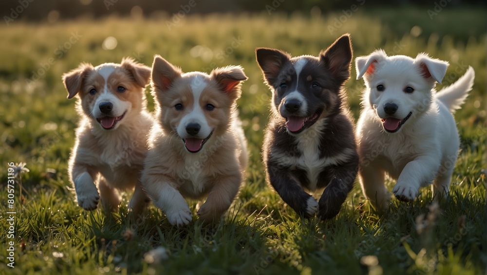 An image of playful puppies frolicking in a sunlit meadow, their joyous antics captured in mid-leap and wagging tails ai_generated