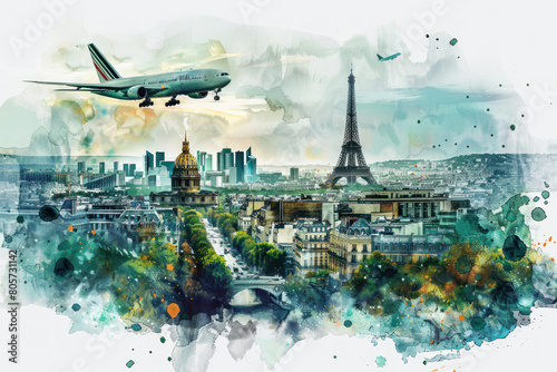 Green watercolor paint of airplane flying over the city of Paris