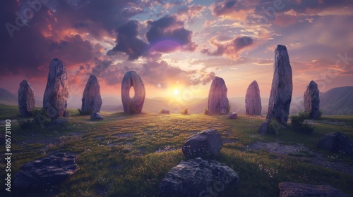 The image shows a beautiful landscape with a stone circle in the foreground and a sunset in the background. © pornchan