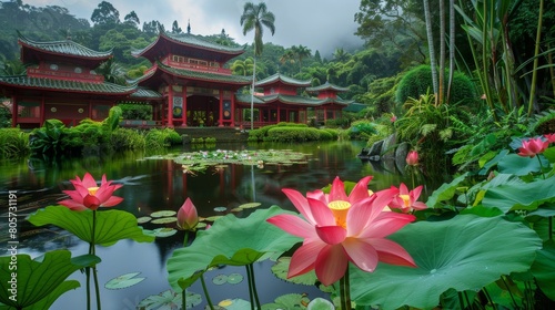 The image shows a beautiful pond with a pagoda in the background. The pond is surrounded by lush vegetation and the water is crystal clear.