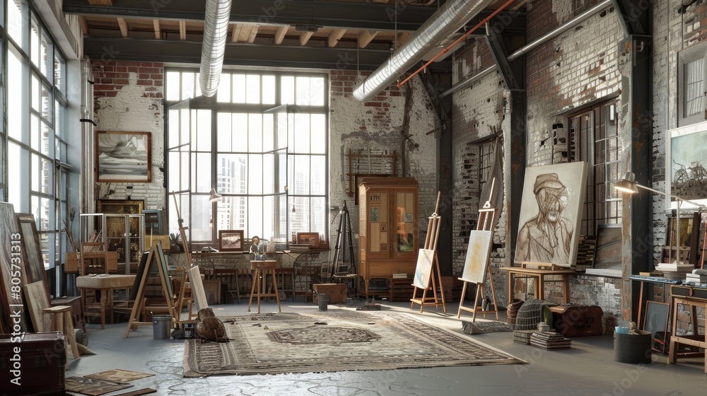 The image shows a large, open room with high ceilings and wooden beams The image shows a large, open room with high ceilings and wooden beams