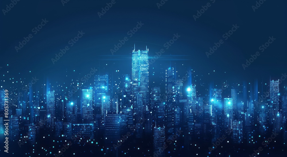 Abstract blue digital cityscape background with glowing lines and shapes, representing technology or futuristic urban development