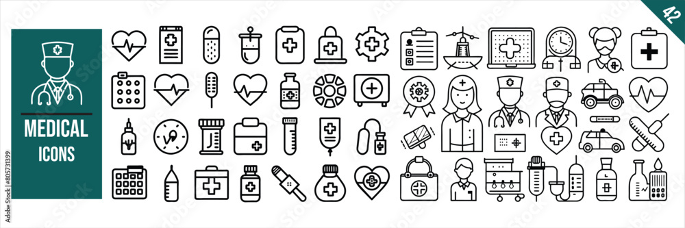 Naklejka premium Set of 42 outline icons related to Medical. Linear icon collection. Vector illustration.