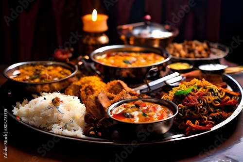 Traditional Bengali cuisine and food meal thali of West Bengal  India. Bengali food thali in kolkata. bengali thali for puja and Pailaboishakh. popular food kolkata.