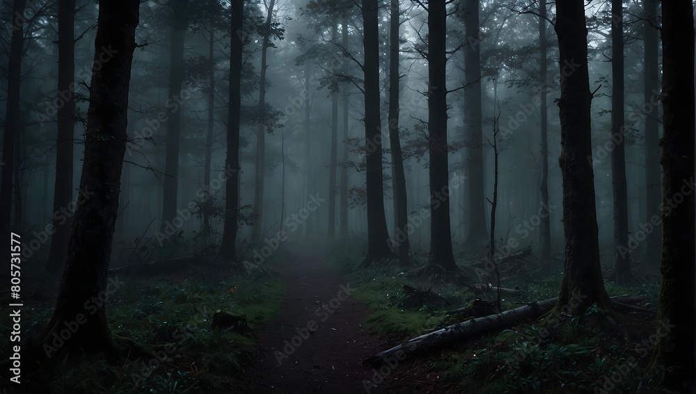 A misty forest scene with deep shadows and piercing light, evoking a moody atmosphere ai_generated