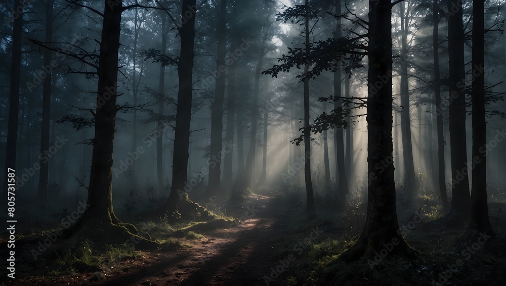 A misty forest scene with deep shadows and piercing light, evoking a moody atmosphere ai_generated