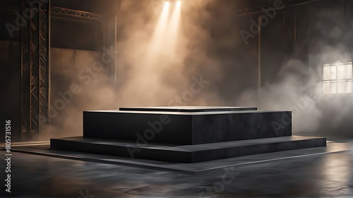  Podium black dark smoke background product platform abstract stage texture fog spotlight. Dark black floor podium dramatic empty night room table concrete wall scene place display studio smoky dust 