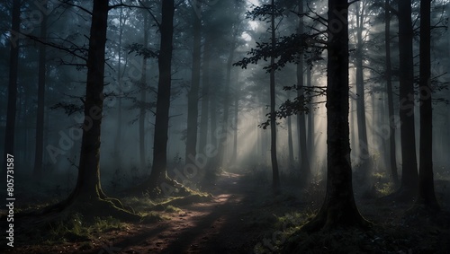 A misty forest scene with deep shadows and piercing light  evoking a moody atmosphere ai_generated